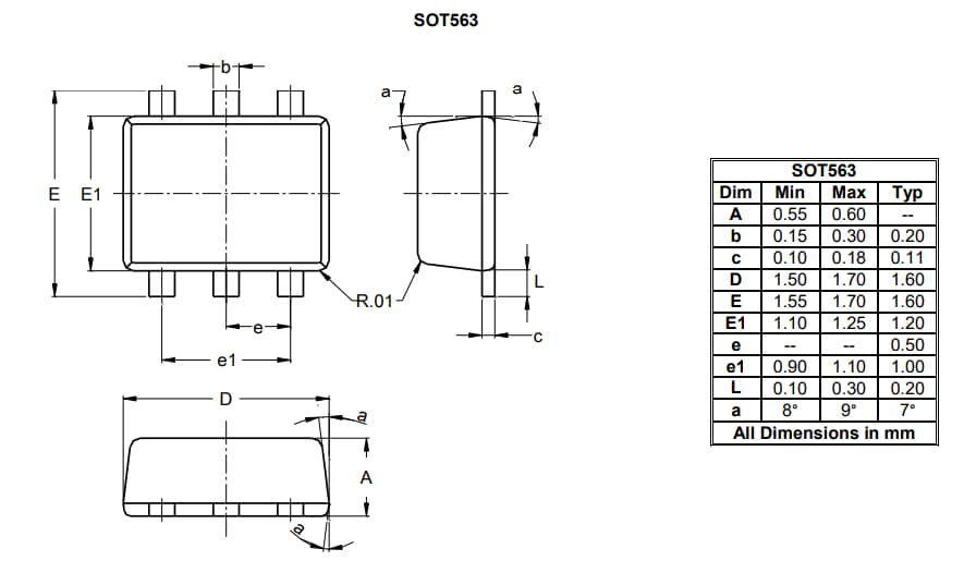 Mechanical Drawing - Diodes Incorporated DMN52D0UVA N-Channel Enhancement Mode MOSFET